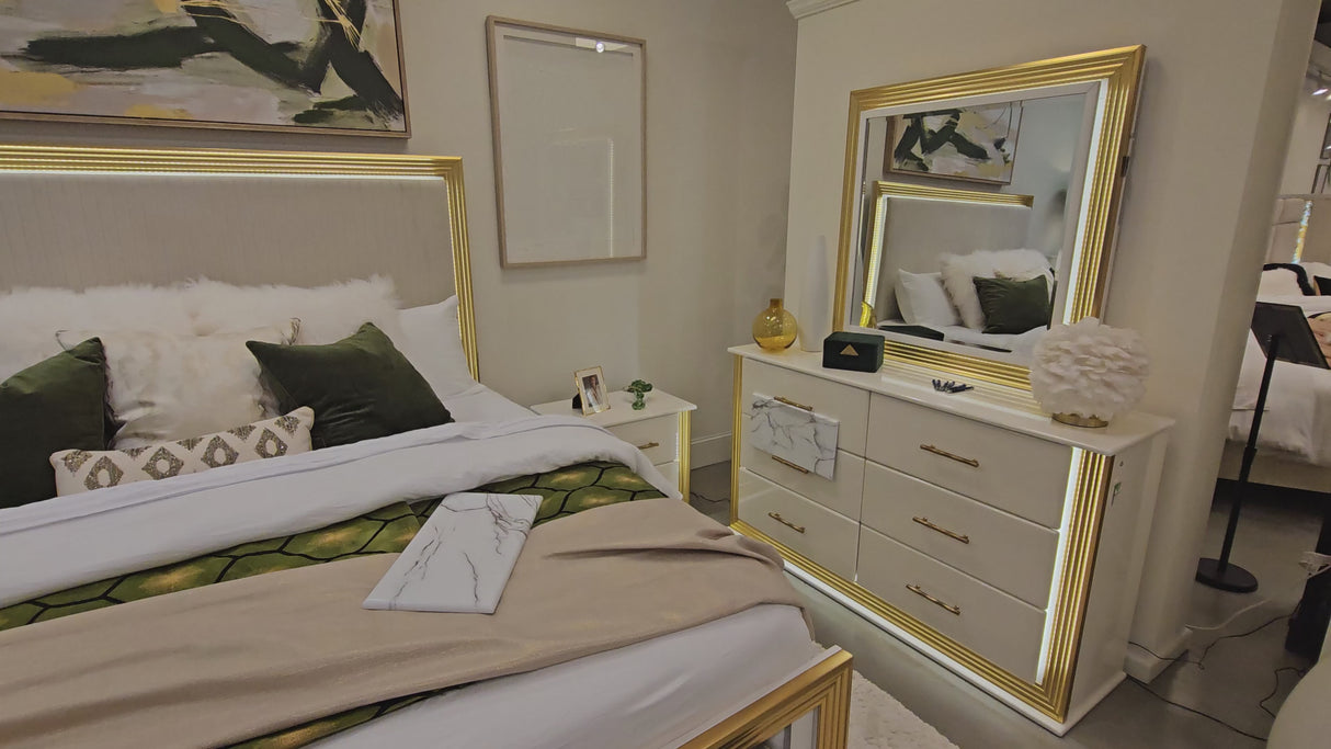Obsession King 5 Pc Bedroom Set in White and Gold